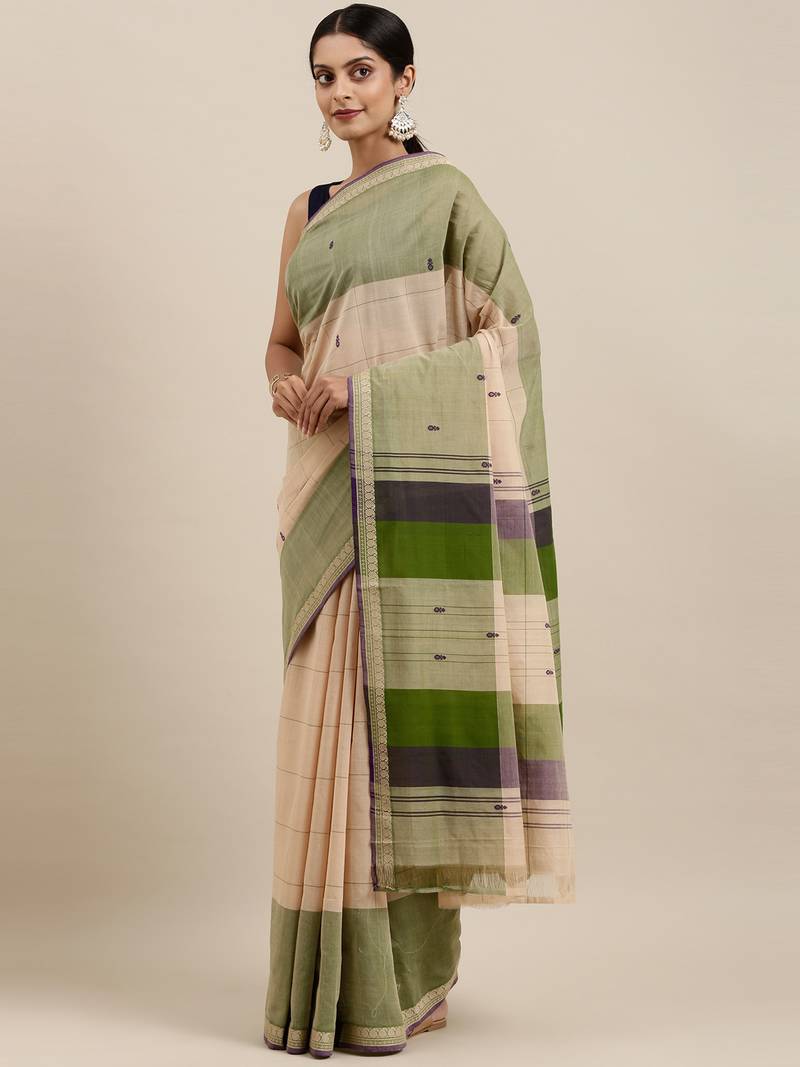 Classicate From The House Of The Chennai Silks Beige Pure Cotton Venkatagiri Saree Without Blouse