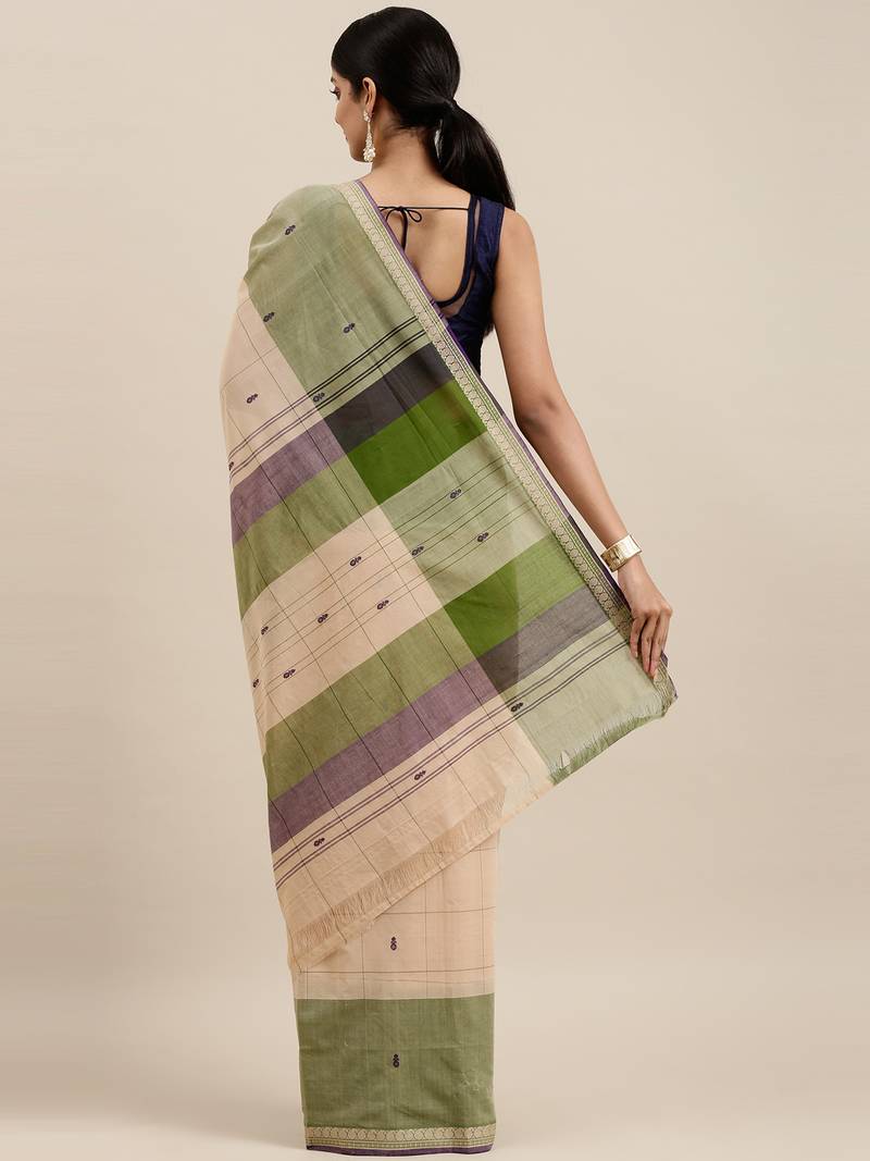 Classicate From The House Of The Chennai Silks Beige Pure Cotton Venkatagiri Saree Without Blouse