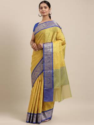 CLASSICATE from the house of The Chennai Silks Mustard Organza Weaving Saree With Running Blouse 2