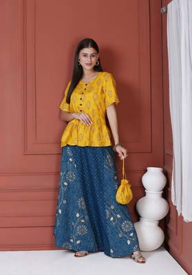 Yellow Printed Peplum Top With Skirt And Potli 2