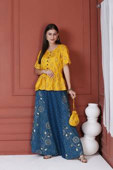 YELLOW PRINTED PEPLUM TOP WITH SKIRT AND POTLI