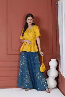 YELLOW PRINTED PEPLUM TOP WITH SKIRT AND POTLI