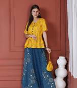 YELLOW PRINTED PEPLUM TOP WITH SKIRT AND POTLI