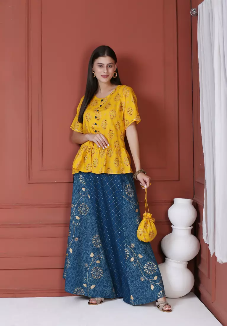 YELLOW PRINTED PEPLUM TOP WITH SKIRT AND POTLI