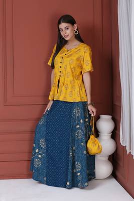 Yellow Printed Peplum Top With Skirt And Potli 1