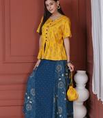 Yellow Printed Peplum Top With Skirt And Potli