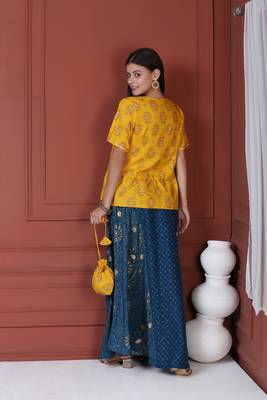 Yellow Printed Peplum Top With Skirt And Potli 3