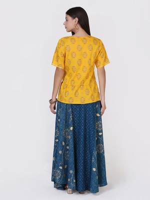 Yellow Printed Peplum Top With Skirt And Potli 5