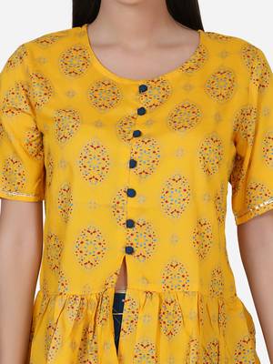 Yellow Printed Peplum Top With Skirt And Potli 6