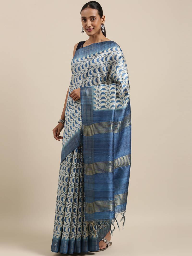 CLASSICATE from the house of The Chennai Silks Blue Printed Jute Cotton Saree With Running Blouse