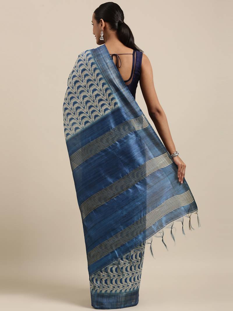 CLASSICATE from the house of The Chennai Silks Blue Printed Jute Cotton Saree With Running Blouse