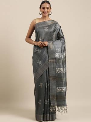 CLASSICATE from the house of The Chennai Silks Grey Printed Jute Cotton Saree With Running Blouse 1