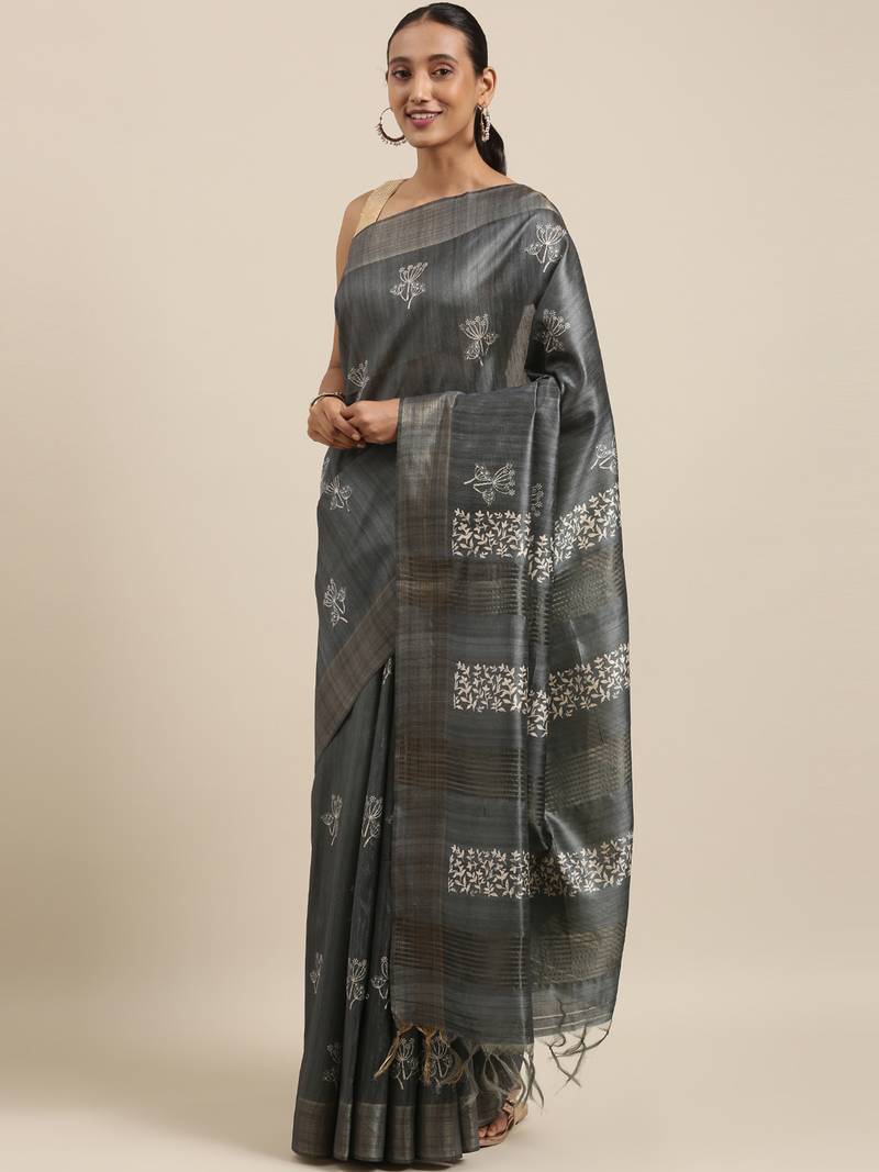 CLASSICATE from the house of The Chennai Silks Grey Printed Jute Cotton Saree With Running Blouse