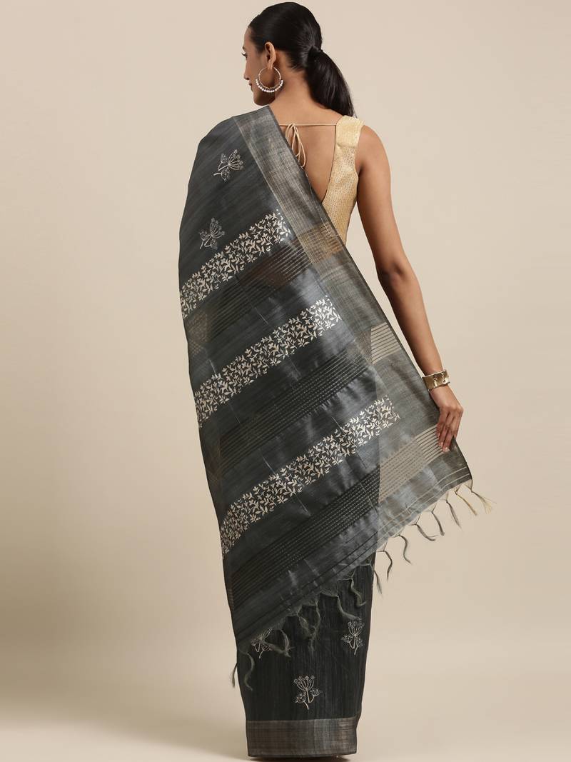 CLASSICATE from the house of The Chennai Silks Grey Printed Jute Cotton Saree With Running Blouse