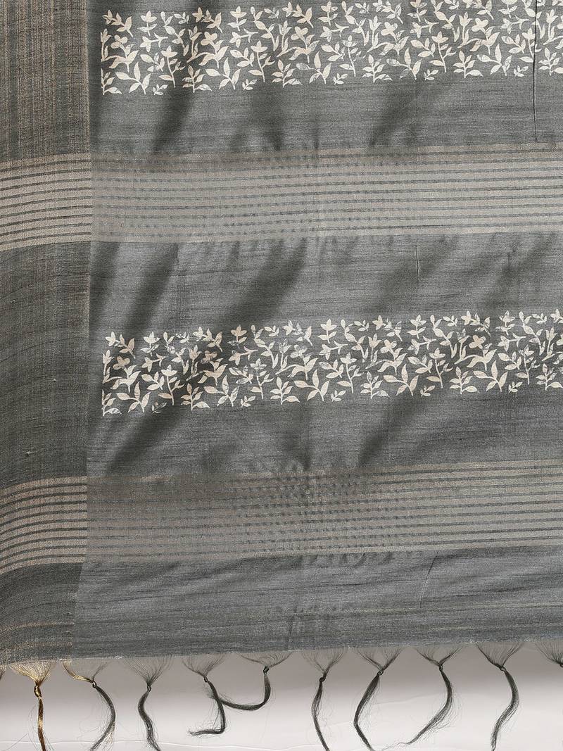 CLASSICATE from the house of The Chennai Silks Grey Printed Jute Cotton Saree With Running Blouse