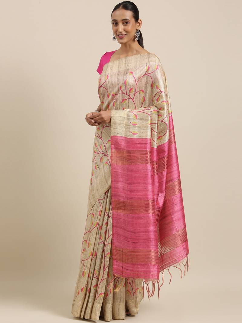CLASSICATE from the house of The Chennai Silks Beige Printed Jute Cotton Saree With Running Blouse