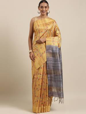 CLASSICATE from the house of The Chennai Silks Yellow Printed Jute Cotton Saree With Running Blouse 1