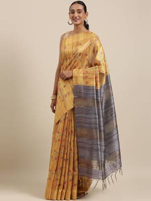CLASSICATE from the house of The Chennai Silks Yellow Printed Jute Cotton Saree With Running Blouse 2