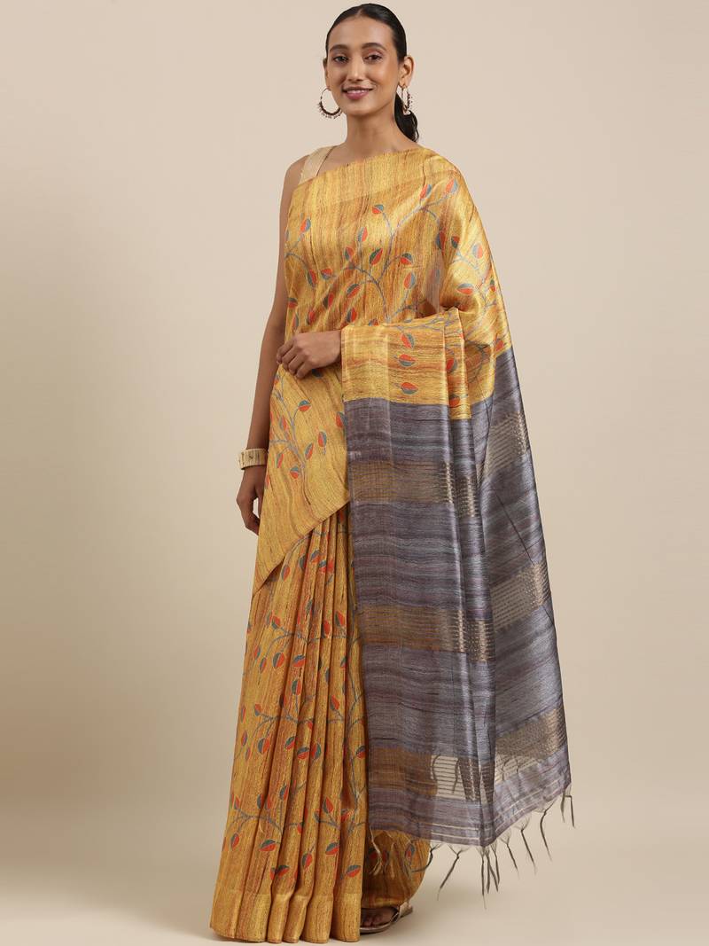 CLASSICATE from the house of The Chennai Silks Yellow Printed Jute Cotton Saree With Running Blouse