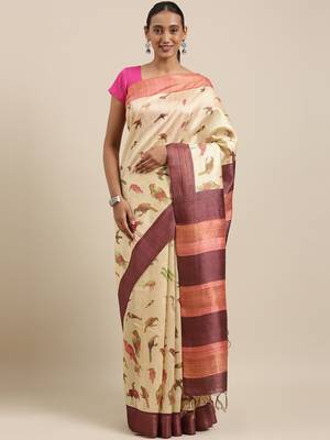 CLASSICATE from the house of The Chennai Silks Beige Printed Jute Cotton Saree With Running Blouse 1
