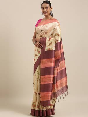 CLASSICATE from the house of The Chennai Silks Beige Printed Jute Cotton Saree With Running Blouse 2