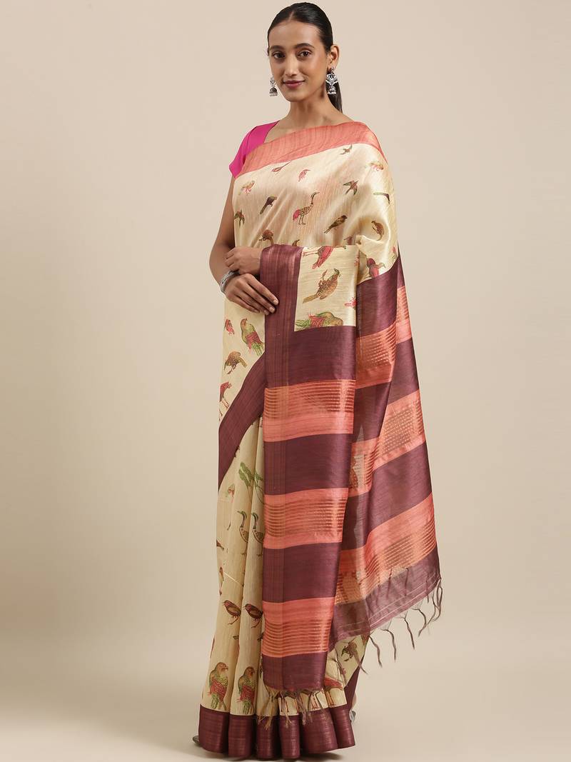 CLASSICATE from the house of The Chennai Silks Beige Printed Jute Cotton Saree With Running Blouse