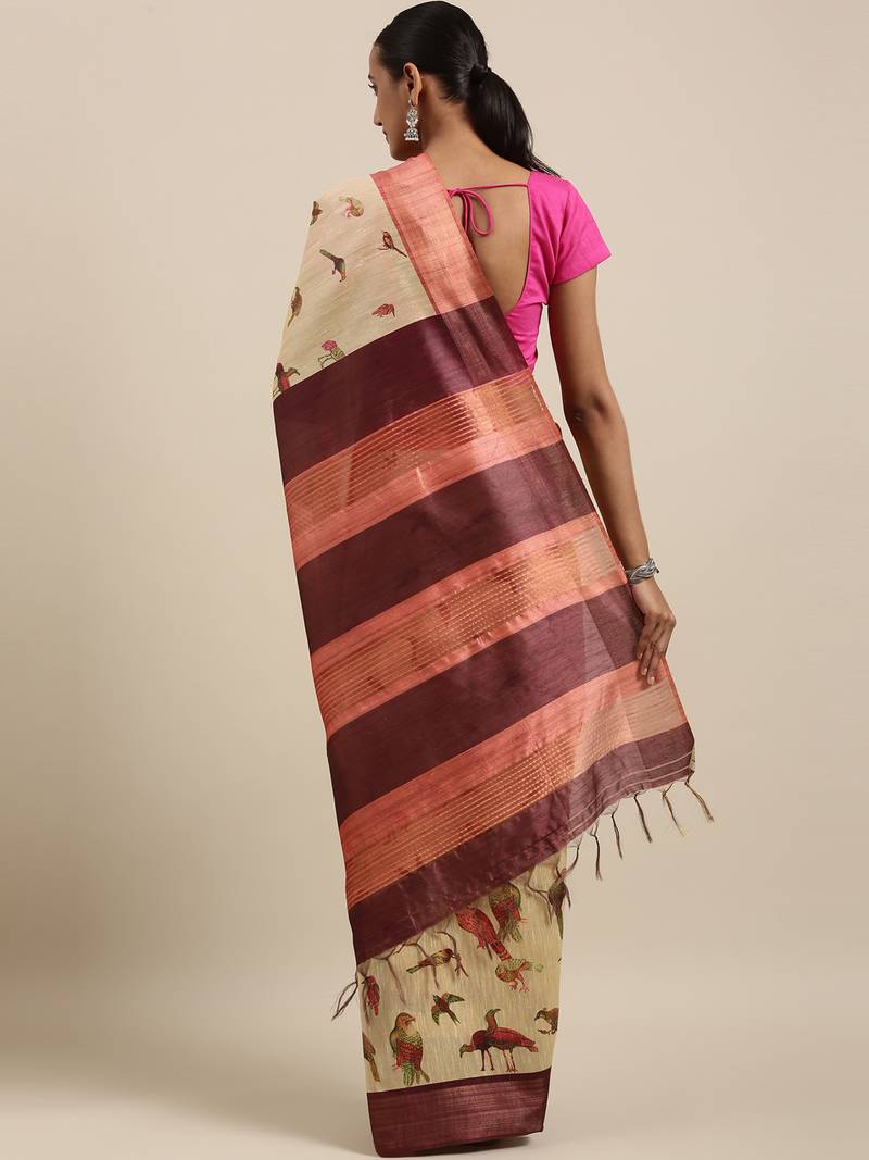CLASSICATE from the house of The Chennai Silks Beige Printed Jute Cotton Saree With Running Blouse