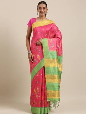 CLASSICATE from the house of The Chennai Silks Pink Printed Jute Cotton Saree With Running Blouse 1