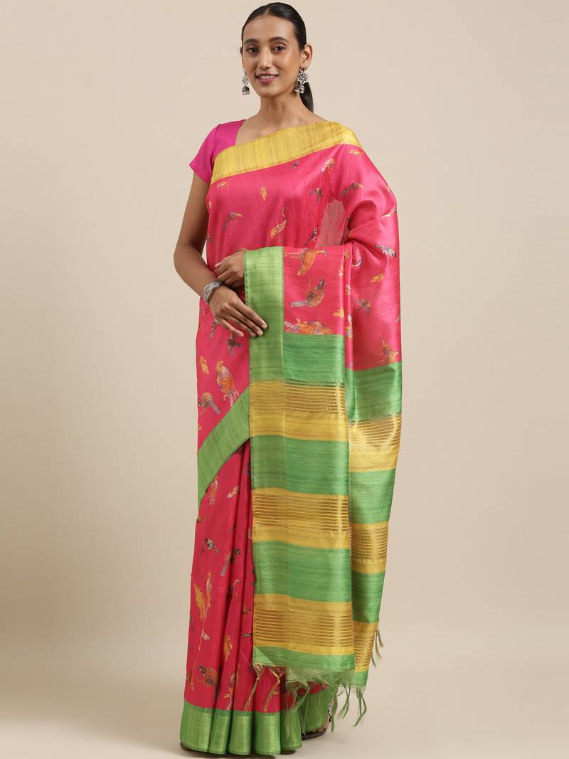 CLASSICATE from the house of The Chennai Silks Pink Printed Jute Cotton Saree With Running Blouse