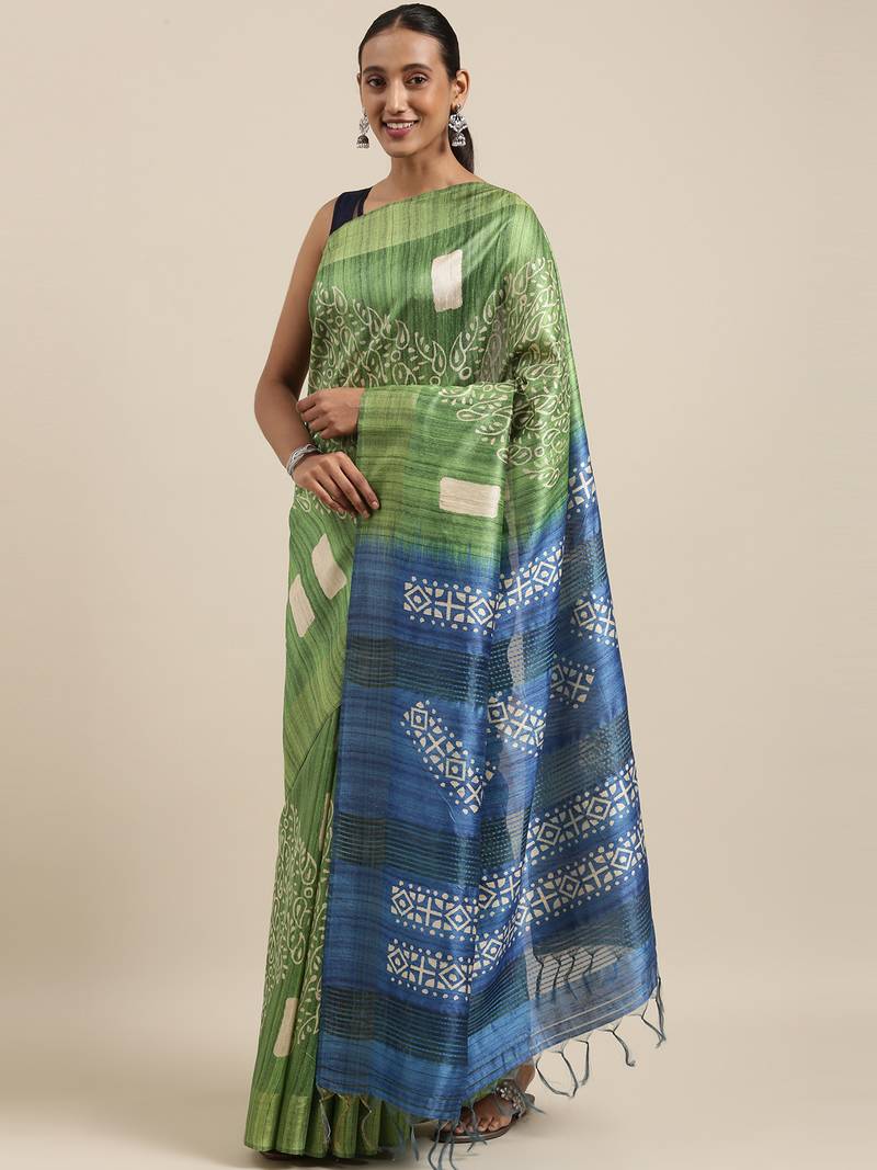 CLASSICATE from the house of The Chennai Silks Green Printed Jute Cotton Saree With Running Blouse