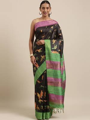 CLASSICATE from the house of The Chennai Silks Black Printed Jute Cotton Saree With Running Blouse 1