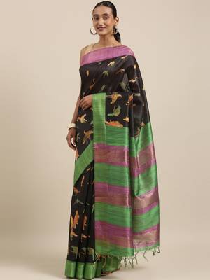 CLASSICATE from the house of The Chennai Silks Black Printed Jute Cotton Saree With Running Blouse 2