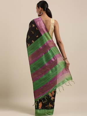 CLASSICATE from the house of The Chennai Silks Black Printed Jute Cotton Saree With Running Blouse 3