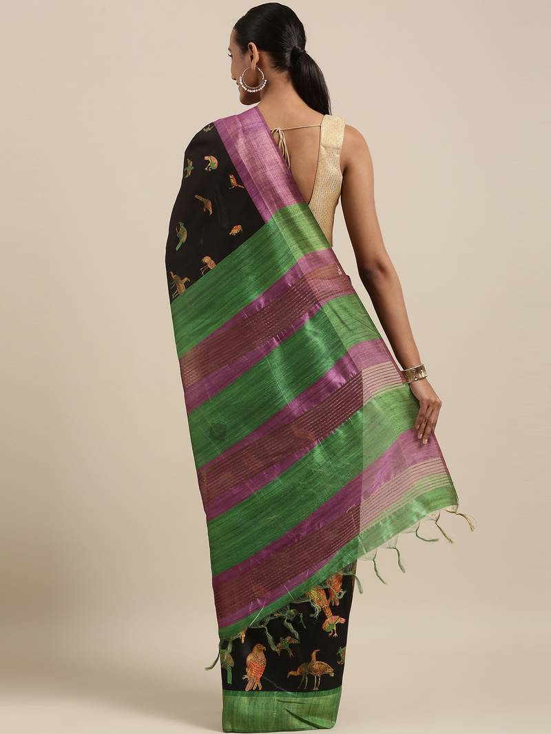 CLASSICATE from the house of The Chennai Silks Black Printed Jute Cotton Saree With Running Blouse