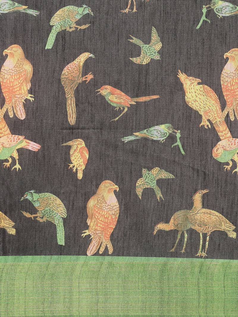 CLASSICATE from the house of The Chennai Silks Black Printed Jute Cotton Saree With Running Blouse