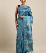 CLASSICATE from the house of The Chennai Silks Blue Printed Jute Cotton Saree With Running Blouse