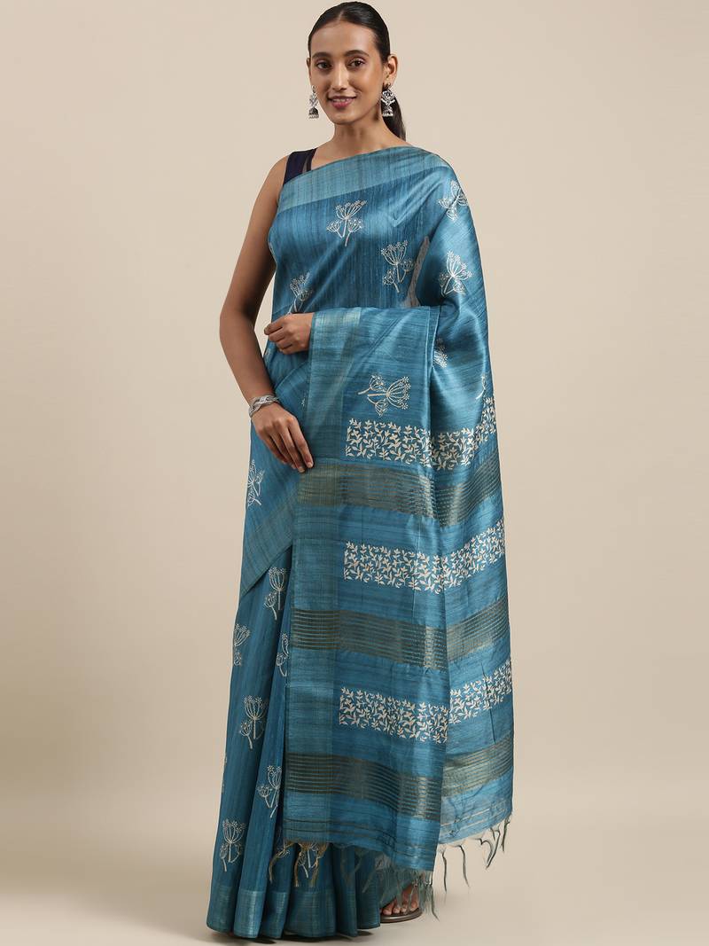 CLASSICATE from the house of The Chennai Silks Blue Printed Jute Cotton Saree With Running Blouse