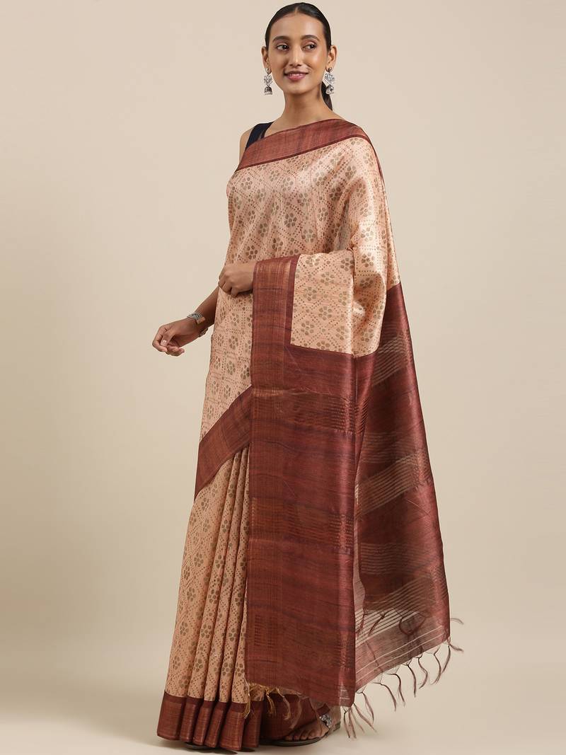 CLASSICATE from the house of The Chennai Silks Peach Printed Jute Cotton Saree With Running Blouse