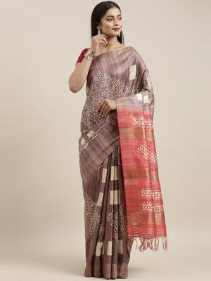CLASSICATE from the house of The Chennai Silks Brown Printed Jute Cotton Saree With Running Blouse 1