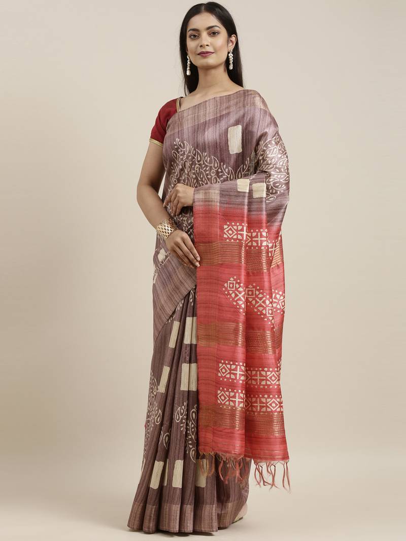 CLASSICATE from the house of The Chennai Silks Brown Printed Jute Cotton Saree With Running Blouse