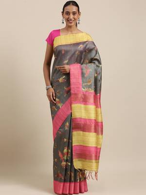 CLASSICATE from the house of The Chennai Silks Grey Printed Jute Cotton Saree With Running Blouse 1