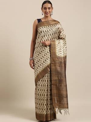 CLASSICATE from the house of The Chennai Silks Beige Printed Jute Cotton Saree With Running Blouse 1