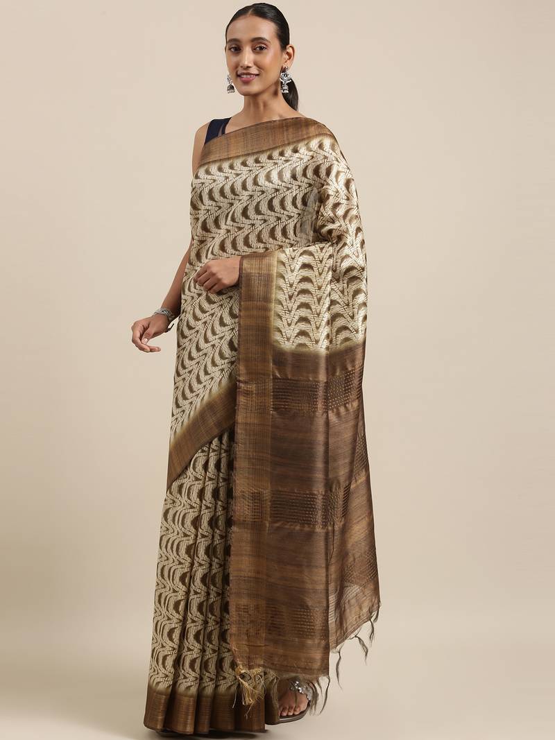 CLASSICATE from the house of The Chennai Silks Beige Printed Jute Cotton Saree With Running Blouse