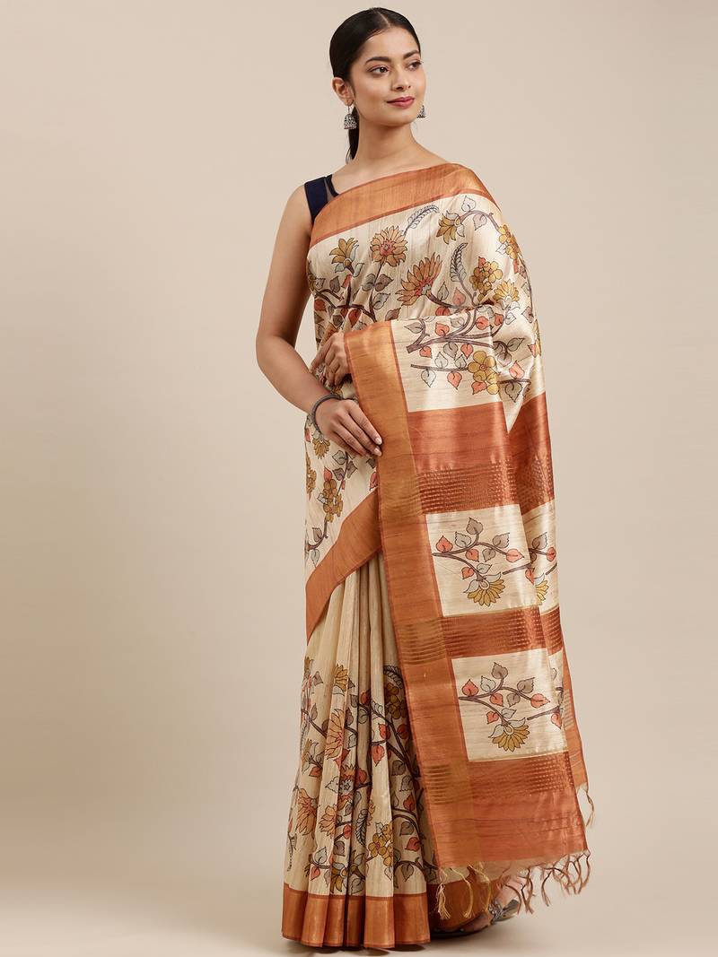 CLASSICATE from the house of The Chennai Silks Beige Printed Dupion Saree With Running Blouse