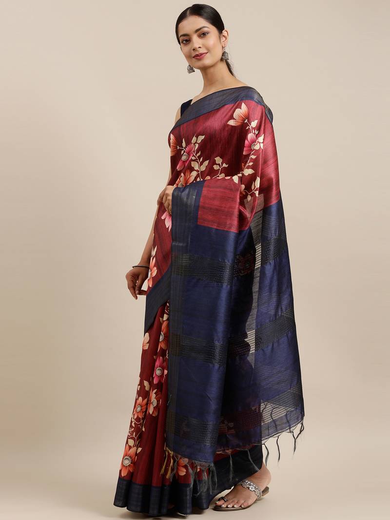 CLASSICATE from the house of The Chennai Silks Maroon Printed Dupion Saree With Running Blouse