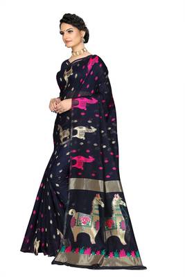 Pure Cotton Dhakai Jamdani Saree  with blouse(Navy) 2