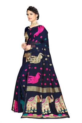 Pure Cotton Dhakai Jamdani Saree  With BlouseNavy   2