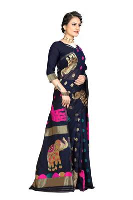 Pure Cotton Dhakai Jamdani Saree  With BlouseNavy   3