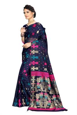 Pure Cotton Dhakai Jamdani Saree  with blouse(Navy) 2