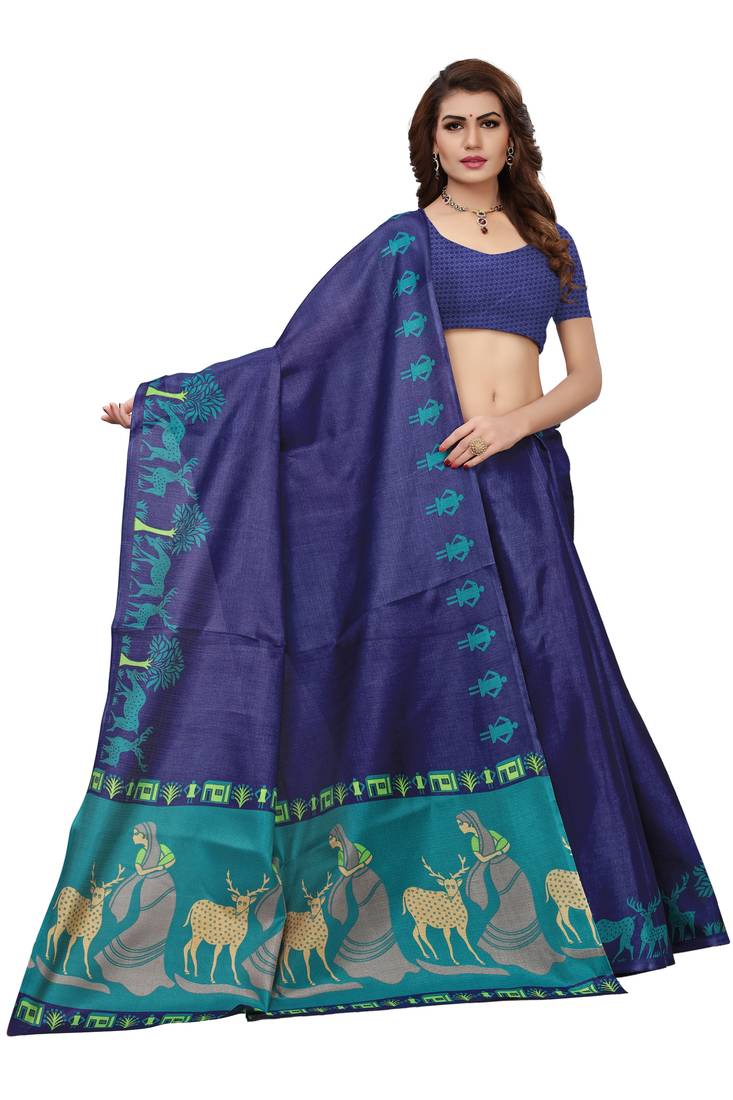 CLASSICATE from the house of The Chennai Silks Navy Blue Printed Soft Litchi Saree With Running Blouse